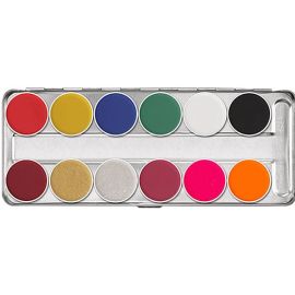 Kryolan Aquacolor Fx Palette 12 colors

Kryolan aquacolor is a glycerin-based compact make-up, especially color-intensive, with the ingredients of superior-quality skin cream preparations.